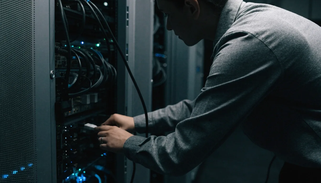 Neutraler Serverraum in einem deutschen Unternehmen: geschlossene Racktüren, unlesbare Statuslichter, kühler Blauschimmer auf mattem Metall